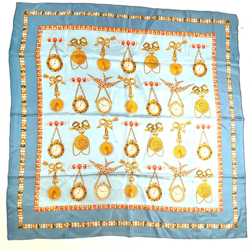 Christian Dior Silk Scarf Jewel & Watch Charm Pattern Blue 34.5